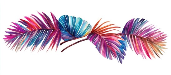 Aufkleber - Colorful watercolor palm leaves in pink, blue, and green hues arranged in a stunning branch design on a clean white background.