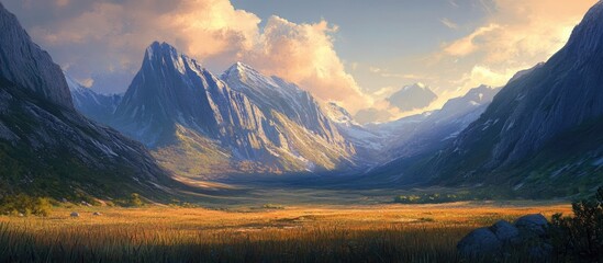 Poster - Serene valley surrounded by majestic mountains illuminated by soft sunrise light creating a breathtaking natural landscape with golden grass hues