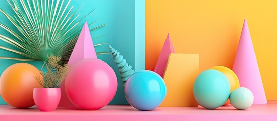 Leinwandbilder - Colorful geometric shapes and plants display in pink turquoise and orange background, featuring spheres, cones, and greenery in a modern setting.