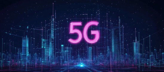 Poster - Futuristic cityscape featuring glowing blue skyscrapers illuminated by vibrant pink 5G text at the center against a dark background highlighting technology.