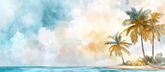 Aufkleber - Tropical watercolor landscape with soft blue sky and pastel clouds, featuring lush green palms against serene ocean waves and sandy shores.