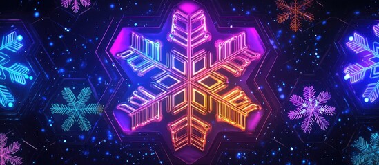 Aufkleber - Vibrant neon snowflake design in glowing pink and blue hues centered on a dark hexagonal background with additional multicolored snowflakes surrounding it