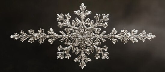 Fototapete - Elegant silver snowflake with intricate details centered on a dark background, radiating charm and sparkle in a magical winter scene.