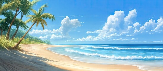 Aufkleber - Tropical beach scene with azure waves gentle surf on soft golden sand under a clear blue sky dotted with fluffy white clouds and lush green palm trees