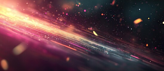 Leinwandbilder - Vibrant abstract background featuring streaks of pink, orange, and blue light moving diagonally against a dark backdrop with floating particles.