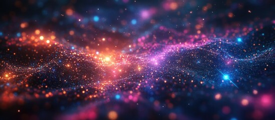 Aufkleber - Abstract cosmic landscape with vibrant pink and blue fireworks, sparkling bokeh effects, and glimmering star shapes against a dark background.