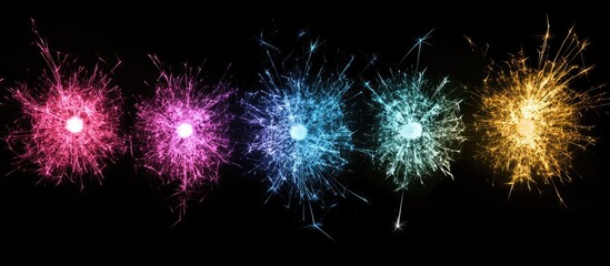 Aufkleber - Vibrant colored sparklers glow against a black background featuring pink, blue, and yellow bursts creating an intricate macro display of light.