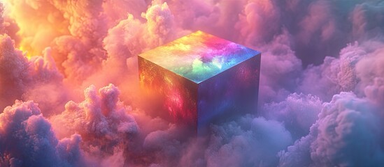 Poster - Colorful square cube floating amidst vibrant rainbow smoke, viewed from above, surrounded by soft pastel clouds in a surreal abstract composition.