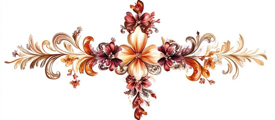 Fototapete - Intricate floral cross design in warm hues of orange, red, and gold, centered on a white background, showcasing elegant swirls and details.