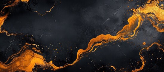 Fototapete - Black banner with swirls of orange gold marble texture on a dark background, ideal for striking posters and vibrant banner ads.