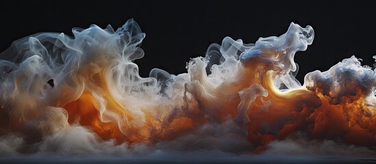 Fototapete - Thick orange and white smoke curls elegantly against a dark background, creating a dramatic abstract visual with fluid movement and depth.