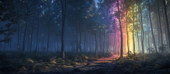 Aufkleber - Enchanted forest with a vibrant rainbow pole on the right, surrounded by tall, dark trees, with soft ethereal light illuminating the path ahead.