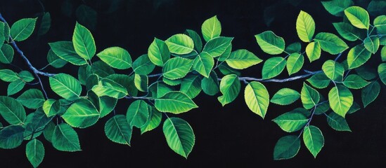 Aufkleber - Lush green leaves glisten against a dark background in soft light emphasizing rich textures and vibrant hues of nature's greenery.
