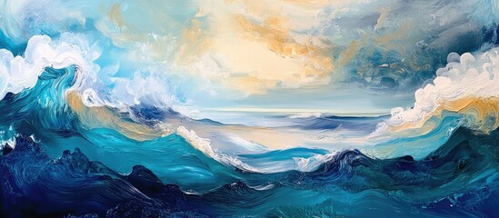 Poster - Vibrant abstract ocean scene featuring deep blue and teal waves, golden sunset hues, and soft white foam creating a tranquil and majestic atmosphere.