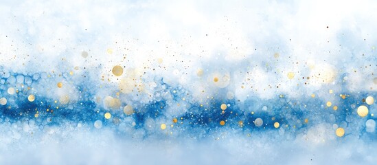 Fototapete - Abstract watercolor background featuring soft blue and white hues with gold accents, creating a dreamy blurred effect in a horizontal layout.