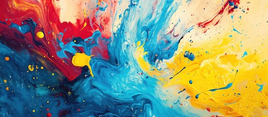 Aufkleber - Vibrant abstract painting blending red, blue, and yellow hues with dynamic swirling patterns and energetic splashes on a textured background