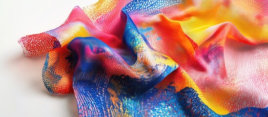 Aufkleber - Vibrant abstract fabric with flowing waves in pink, orange, yellow, and blue hues on a light background showcasing texture and color blending.