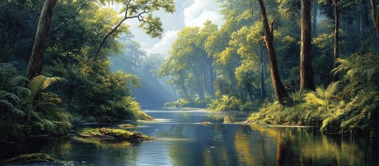 Aufkleber - Tranquil forest river scene with lush green trees reflecting on calm water under soft sunlight creating a serene nature view in the wilderness