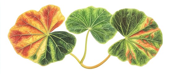 Aufkleber - Vibrant green and orange Tropaeolum majus leaves isolated on a clean white background highlighting intricate details and textures of the foliage