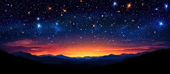 Wall Mural - Vibrant nighttime landscape showcasing a deep blue sky filled with bright stars and a gradient orange horizon against dark mountain silhouettes.