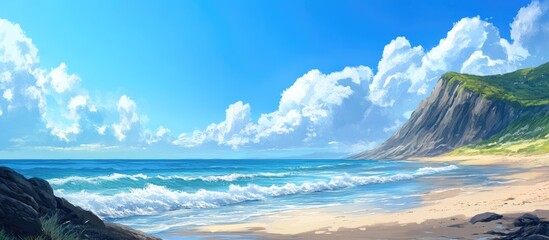 Aufkleber - Vibrant beach scene with bright blue sky and fluffy white clouds, gentle waves lapping at golden sand, lush green cliffs in the background.