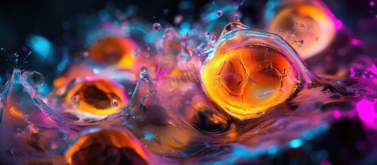 Fototapete - Mesmerizing futuristic fluid swirls in vibrant orange and purple tones with striking glowing elements against a dark background forming dynamic patterns
