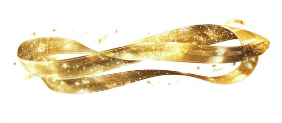 Poster - Elegant shiny gold Christmas ribbon gracefully twisted on a pure white background, ideal for festive gift wrapping and enhancing holiday decor.