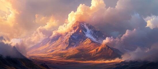 Poster - Vibrant mountain peak illuminated by warm sunset hues surrounded by fluffy clouds showcasing the stunning beauty of nature's landscapes