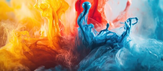 Fototapete - Vibrant swirls of orange, red, and blue ink blending in water, creating abstract shapes with a smooth, fluid motion against a light background.