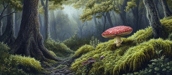 Aufkleber - Enchanting red cap mushroom on lush green moss amid a dark forest; soft light filters through trees, creating a magical, serene atmosphere.