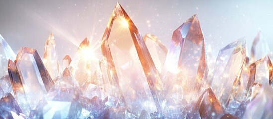 Aufkleber - Abstract crystalline formations with sharp peaks and various shades of orange and blue, glowing with light reflections against a soft background.