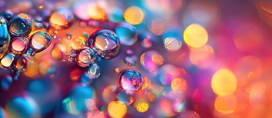 Leinwandbilder - Close up of colorful bubbles reflecting vibrant light hues in a dynamic display of reds, blues, and yellows on a blurred bokeh background.