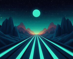 Canvas Print - Glowing road leading to mountains under night sky