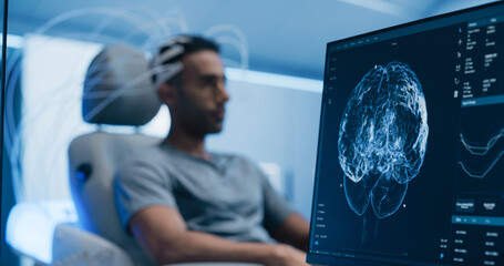 Aufkleber - Medical Brain Scan on Computer Screen. Advanced Neuroimaging Technology Reveals Complex Neural Pathways. Patient Connected to Advanced Brain Scan in the Background