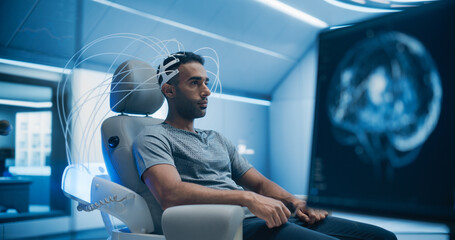 Aufkleber - In a High-tech Laboratory Portrait of Male Patient Wearing Headset for Advanced Brain Scanning With Futuristic Neuroimaging Technology, Diagnose, Treat Neural Disorders, Augmenting Cognitive Function
