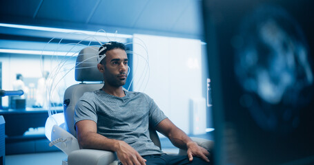 Aufkleber - Portrait of Patient Connected to Advanced Brain Scan in a Futuristic Laboratory. Using High-tech Monitors and Sophisticated Neurological Devices for Precise Analysis