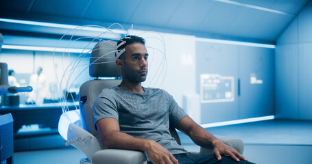 Aufkleber - In a High-tech Laboratory Portrait of Male Patient Wearing Headset for Advanced Brain Scanning With Futuristic Neuroimaging Technology, Diagnose, Treat Neural Disorders, Augmenting Cognitive Function