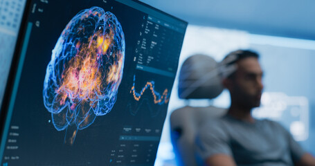 Aufkleber - Medical Brain Scan on Computer Screen. Advanced Neuroimaging Technology Reveals Complex Neural Pathways. Patient Connected to Advanced Brain Scan in the Background