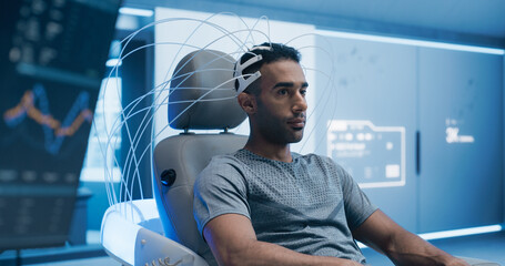 Aufkleber - Portrait of Patient Connected to Advanced Brain Scan in a Futuristic Laboratory. Using High-tech Monitors and Sophisticated Neurological Devices for Precise Analysis