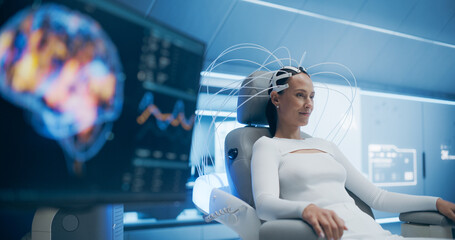 Aufkleber - Futuristic laboratory: Female Patient Wearing Headset for a Brain Scan With Advanced Neural Technology. Monitors Show Brain Neural Pathways Data, Research on Neural Diseases and Cognitive Enhancement