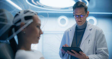 Aufkleber - Futuristic laboratory: Female Patient Wearing Headset for a Brain Scan With Advanced Neural Technology, Monitored by a Doctor Using Digital Tablet. Cognitive Optimization and Neural Disease Research