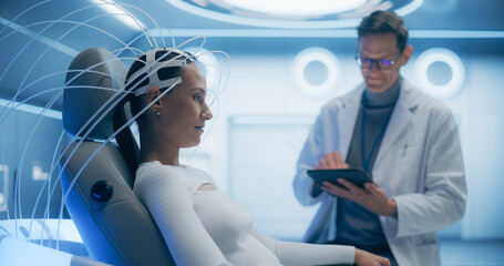 Aufkleber - Futuristic laboratory: Female Patient Wearing Headset for a Brain Scan With Advanced Neural Technology, Monitored by a Doctor Using Digital Tablet. Cognitive Optimization and Neural Disease Research