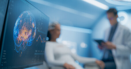 Aufkleber - Futuristic Lab Uses Advanced Neural Technology to Scan Female Patient's Brain. Monitor and Display Show Illuminated Neural Pathways, Innovation in Cognitive Research and Diagnostics
