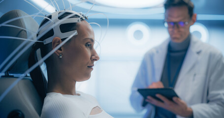 Aufkleber - Futuristic laboratory: Female Patient Wearing Headset for a Brain Scan With Advanced Neural Technology, Monitored by a Doctor Using Digital Tablet. Neural Disease Research