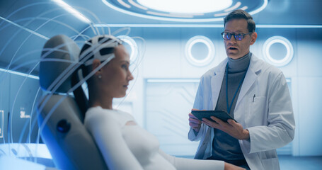 Aufkleber - Futuristic Laboratory, Female Patient Wearing Headset for a Brain Scan With Advanced Neural Technology, Monitored by a Doctor. Advanced Research on Neural Diseases. Medical Consultation