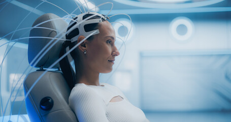 Aufkleber - Futuristic laboratory: Female Patient Wearing Headset for an Advanced Brain Scan Using Neural Connection Technology. High-Tech Cognitive Enhancement Facility. Sci-fi Concept
