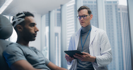 Aufkleber - Futuristic Laboratory: Male Patient Wearing Headset for an Advanced Brain Scan, Monitored by a Doctor Using Digital Tablet Computer. Neural Disease Research and Cognitive Optimization Using Technology