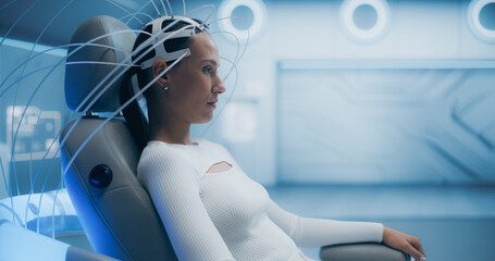 Aufkleber - Futuristic Laboratory: Female Patient Wearing Headset for an Advanced Brain Scan Using Advanced Neural Technology. High-tech Setting Focuses on Cognitive Enhancement Sci-fi Concept