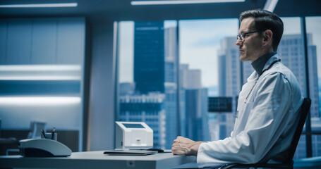 Wall Mural - Futuristic Telemedicine Concept: Doctor Does Video Call Consultation with Specialist Colleague. Mock Up Template for an Advanced Hologram, Augmented Reality Technology for Communication