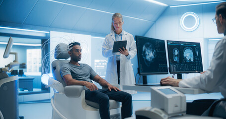 Aufkleber - Futuristic Laboratory: Doctors Use Advanced Brain Scanning Technology to Diagnose and Treat Neural disease, Optimizing Brain Function. Patient Wearing Headset for a High-tech Scan, Advanced Equipment
